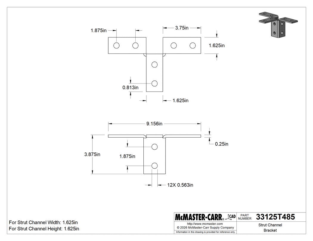 Technical Drawing of Strut Channel Bracket, Triple 90 Degree, Galvanized Steel, 9-5/32" Length .